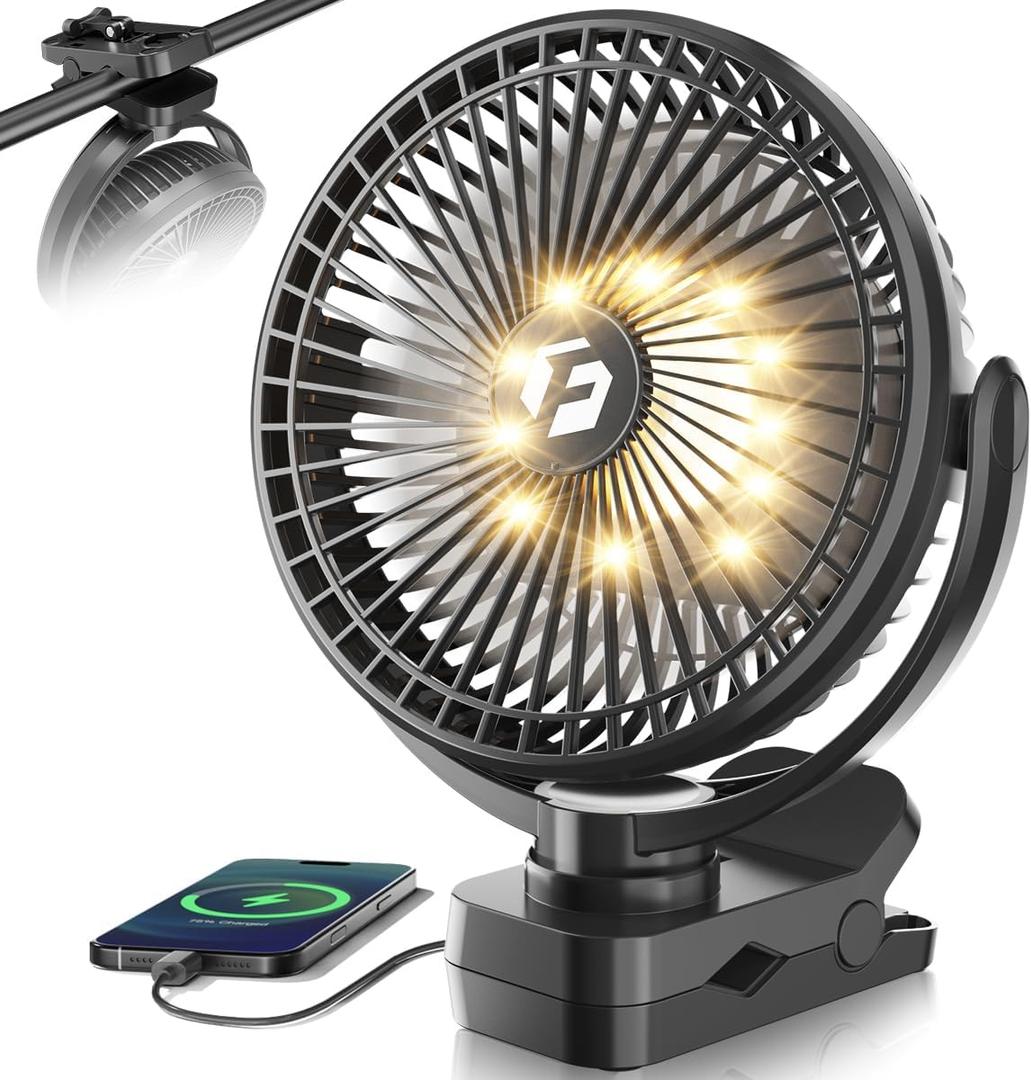 40000 Rechargeable Clip on Fan, 8-Inch USB Portable Desk Fan, Screw-Clamp Battery Operated, 4-Speed Airflow, Ideal for Golf Cart, Office, Camping, Outdoor, Travel, Gym, Treadmill,Black, Small