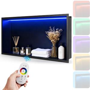 24" X 12" RGB LED Shower Niche No Tile Needed, Stainless Steel Shower Niche Insert Tile Ready, Recessed Wall Shelf for Bathroom Storage Organizer with Remote Control, Matte Black