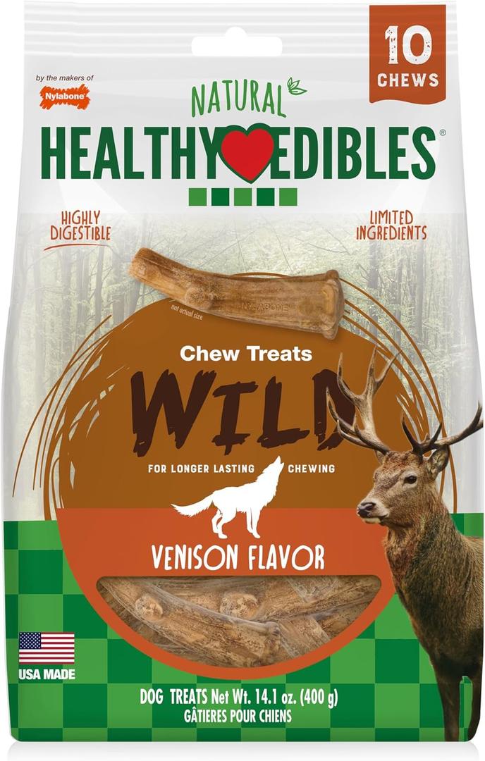 Nylabone Healthy Edibles WILD Natural Dog Chew Treats for Large Dogs, Long Lasting Dog Healthy Chew Antler Bone Made in USA, Venison Flavor, For Dogs Up to 50 lbs. (10 Count) (EXP 02/16/29)