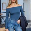 Totatuit Womens Off Shoulder Tops Long Sleeve T Shirt Cute Y2K Going Out | Flattering Silhouette Design, Highlights Collarbone Elegantly, Relaxed Fit for Every Body Type (Blue)