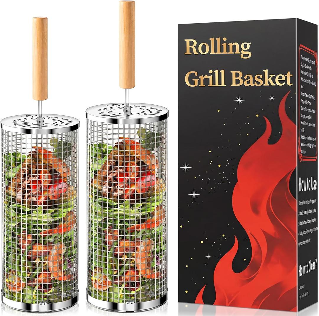 Rolling Grill Basket, Fathers Day Gifts for Dad Husband, Removable Wooden Handle, 304 Stainless Steel, Nesting BBQ Tools for Vegetable, Outdoor Smoker Camping Accessories, Grill Gift for Men Birthday