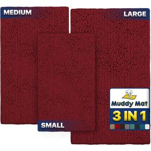 Muddy Mat Pack of 3 Highly Absorbent Microfiber Dog Door Mat and Pet Rug, Non Slip Thick Washable Area Mat Soft Chenille for Kitchen Bathroom Bedroom and Outdoor - Red Small, Medium & Large