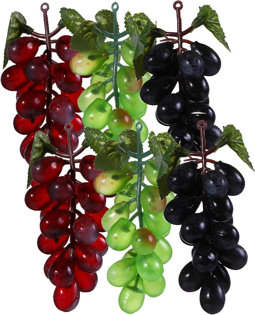 Liobelon 6 Bunches Plastic Fake Grapes, Artificial Red Green Black Grape Lifelike Fruit for Wedding Prop Basket Display Kitchen Decoration,  Red, Green, Black