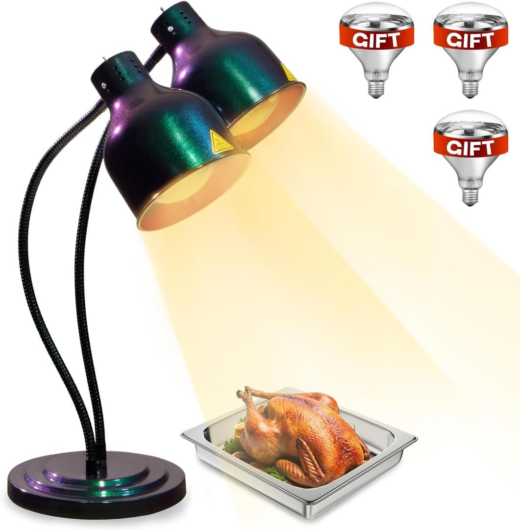 Food Heat Lamp - [3 Bulbs Included] [Rapid-Heating], 500W Commercial Food Warmer Light, Heat Lamp for Food Catering Warming Lamp for Buffet Parties, Green-Purple Gradient (2 Head)