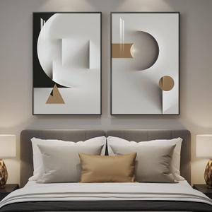 2 Piece Framed Modern Wall Art for Bedroom, Large Black and White Minimalist Paintings Print, Bright Style Geometric Pictures Artwork Decor for Living Room Office Hallway 24x36 Inch