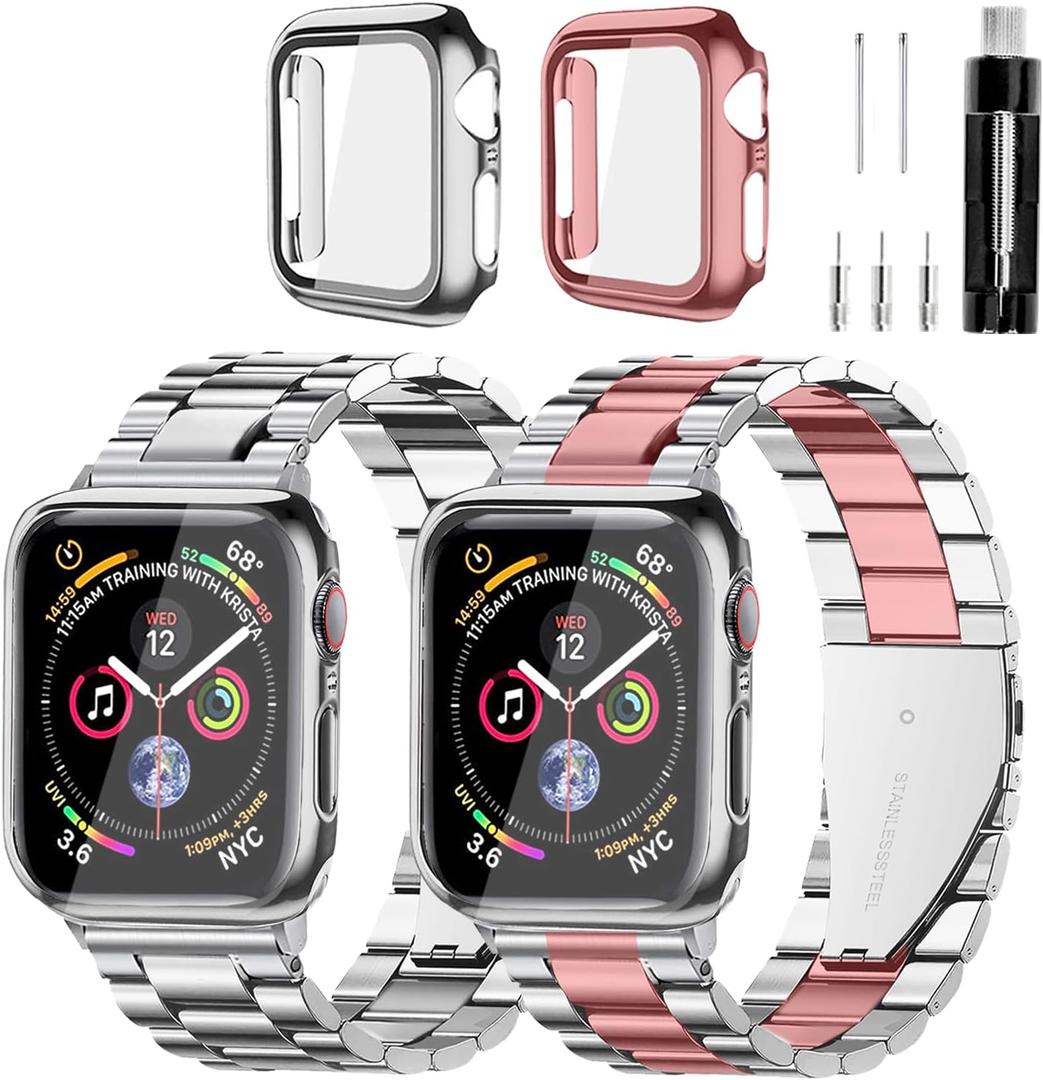 Stainless Steel Band and Case Compatible With Apple Watch Iwatch Ultra Series 11 10 9 8 7 6 5 4 3 2 1 SE 49mm 45mm 46mm 44mm 42mm 41mm 40mm 38mm, Men Women Classic Classy Metal Business (Pink/Silver & Silver)