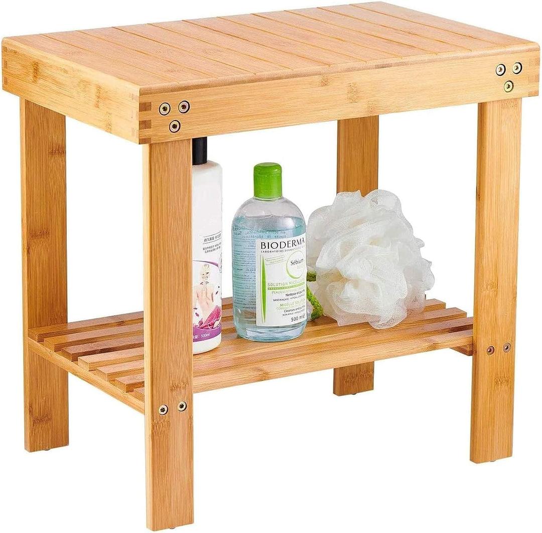 VaeFae Bamboo Shower Bench, Spa Bench Wood Seat Stool, Foot Rest Shaving Stool with Non-Slip Feets and Storage Shelf, Works in Bathroom/Living Room/Bedroom/Garden Leisure (Yellow 17.3" x 11" x 16.1")