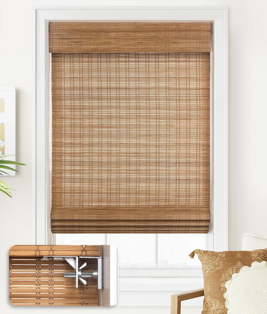 LazBlinds No Tools No Drill Cordless Bamboo Roman Shades, Light Filtering Window Treatment, Roll Up Bamboo Blinds for Window 34'' W x 64'' H, Tuscan B