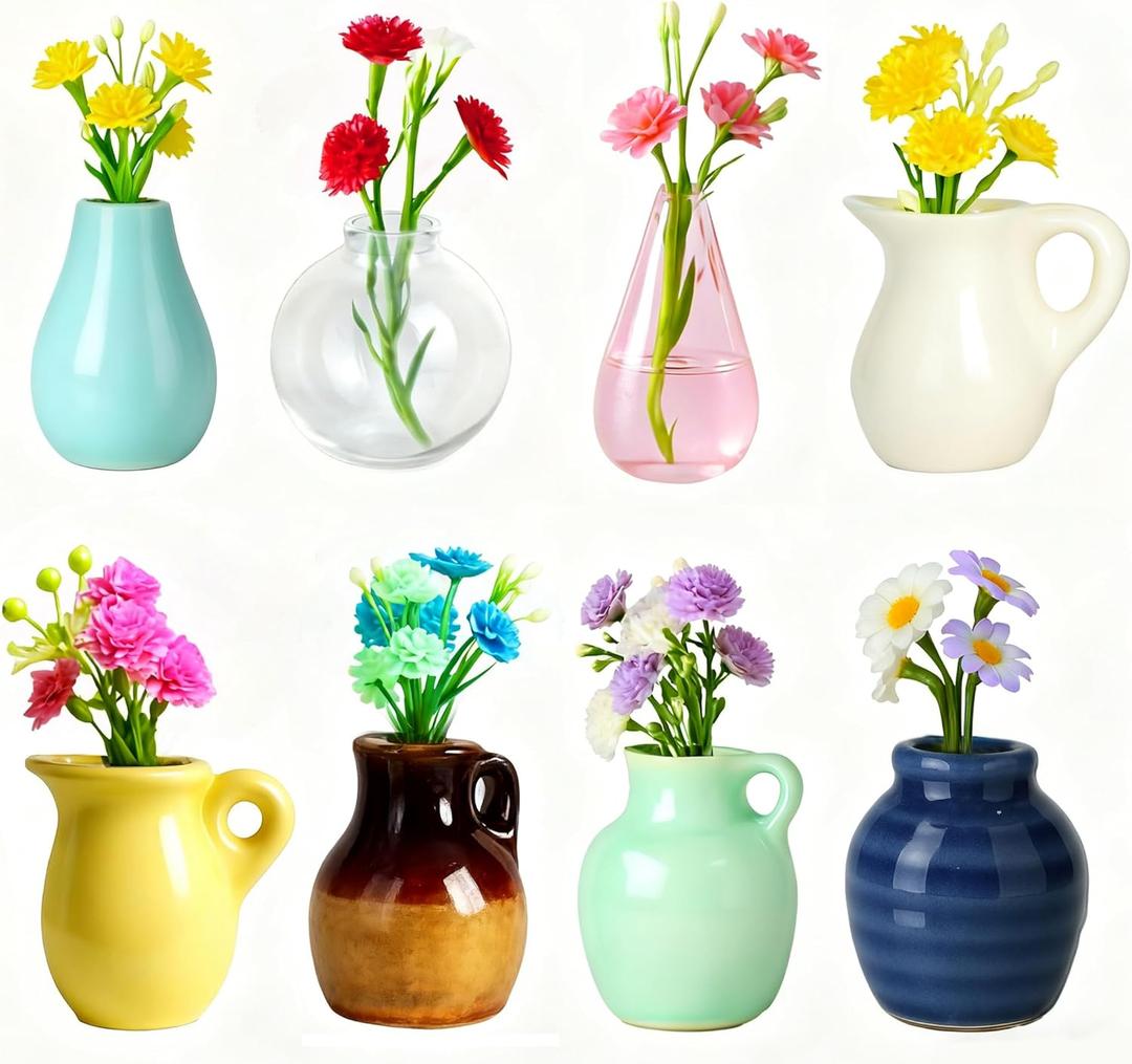 Renmxj 8 Pcs Refrigerator Magnets - Cute Mini Ceramic Vase Fridge Magnets with Artificial Flowers, Funny Tiny Vase Magnet for Fridge Decorative, Office, Kitchen, Locker, Whiteboard