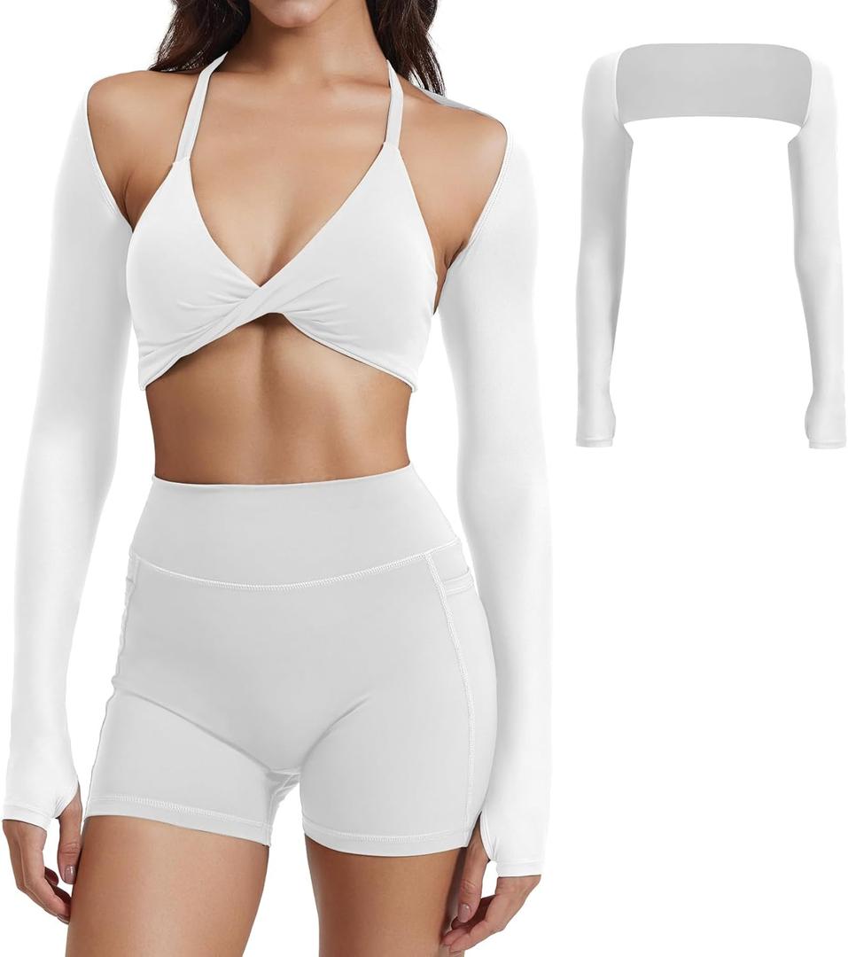 YEOREO Women Crop Top Long Sleeve Bolero Open Front Workout Cropped Shirts Sports Shrug (X-Large, Pearl)