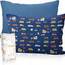 Muslin Toddler Pillowcase Set of 2-13x18 Cotton Toddler Pillow Cases with Envelope Closure Cute Cartoon Soft Breathable Kids Pillowcases for Baby Boys Girls, Car & Navy Blue
