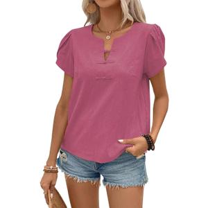 Women's Summer Tops Petal Short Sleeve V Neck Blouses Dressy Casual Fitted Cute Solid Shirts 2025 (Green, M)