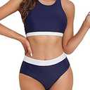 Tempt Me Navy Blue Women Two Piece Swimsuits High Waisted Bikini High Neck Crop Top Tummy Control Sporty Bathing Suits with Bottom L