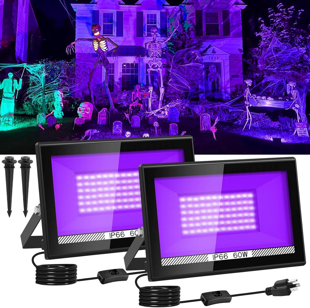 T-SUN 2 Pack 60W Black Lights Outdoor, Blacklight Flood Light with US Plug and Switch, IP66 Waterproof Black Lights for Glow Party, Glow in The Dark, Body Paint Fluorescent Poster Halloween