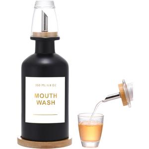 11.8OZ Glass Mouthwash Dispenser for Bathroom with Stainless Steel & Bamboo Nozzle, Mouthwash Cup Reusable, Bamboo Tray, and Elegant Gold Sticker.(Black)