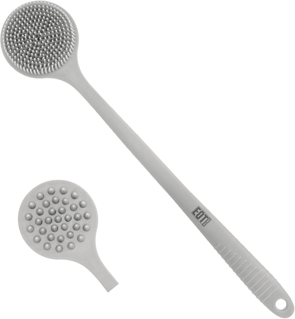 Bendable Long Handled Silicone Body Brush & Hair Scrubber - Bath Shower Back Brush, Shampoo Hair & Scalp Massager, Back Scrubber for Shower (Light Gray)