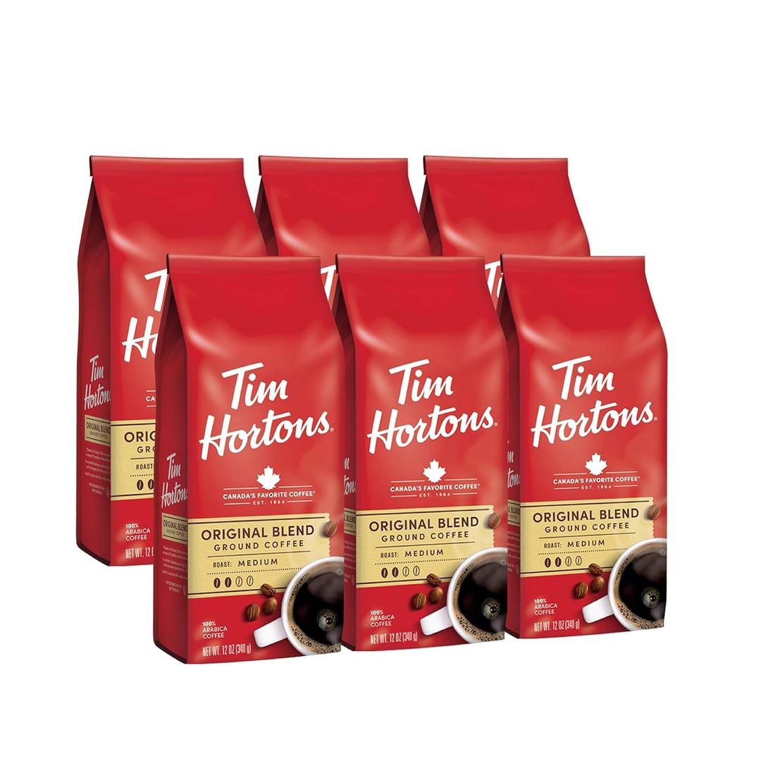 Tim Hortons Original Blend, Medium Roast Ground Coffee, Perfectly Balanced, Always Smooth, Made with 100% Arabica Beans, 12 Ounce (Pack of 6) (EXP 12/26/25)
