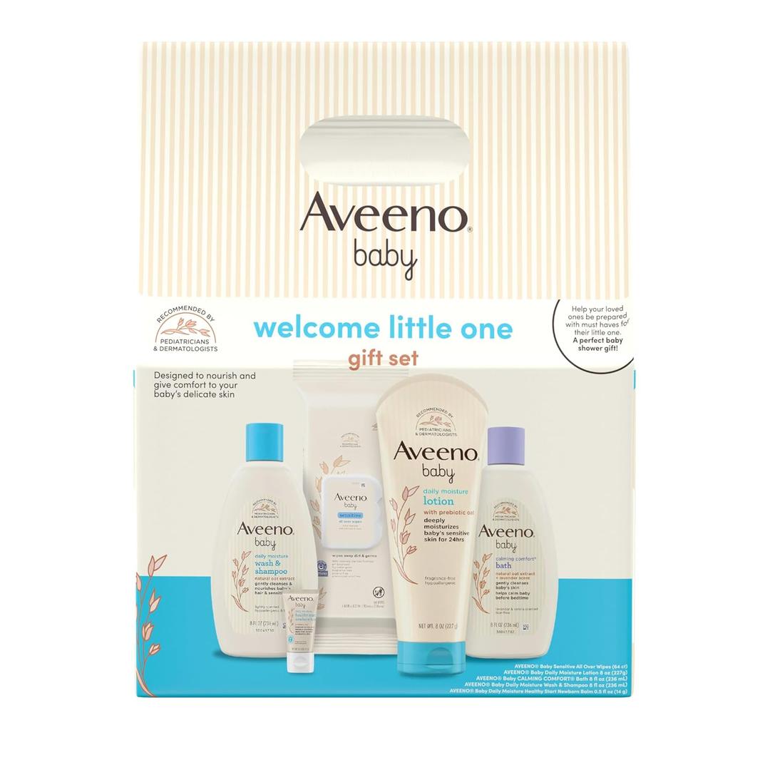 Aveeno Baby Welcome Little One Gift Set, Skincare Set with Nourishing Body Wash & Shampoo, Calming Bath Wash, All Over Wipes, Daily Moisturizing Lotion, & Balm, 5 Items