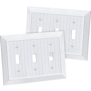 CML Classic Triple Toggle Switch Wall Plate, 3-Gang Outlet Cover, 2 Pack, Vintage Retro Wood Grain Design Beadboard Wallplate, Impact Resistant, Standard Size 6.87X 4.87, White