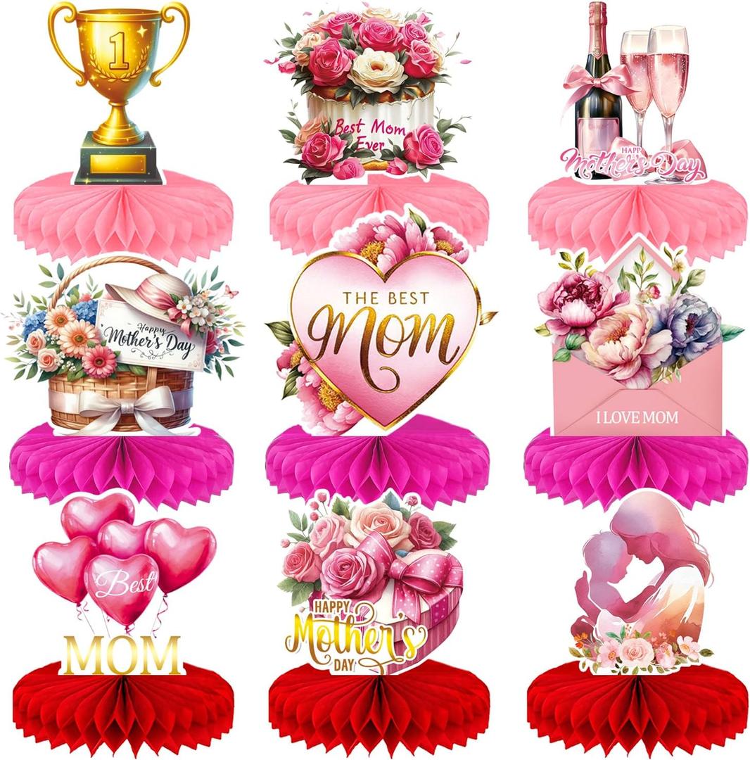Mothers Day Table Decorations - Mother's Day Decorations Centerpieces for Tables, 9Pcs 3D Best Mom Honeycomb Centerpiece Red Pink Flower Table Topper for Mother's Party Supplies, Gifts for Mom