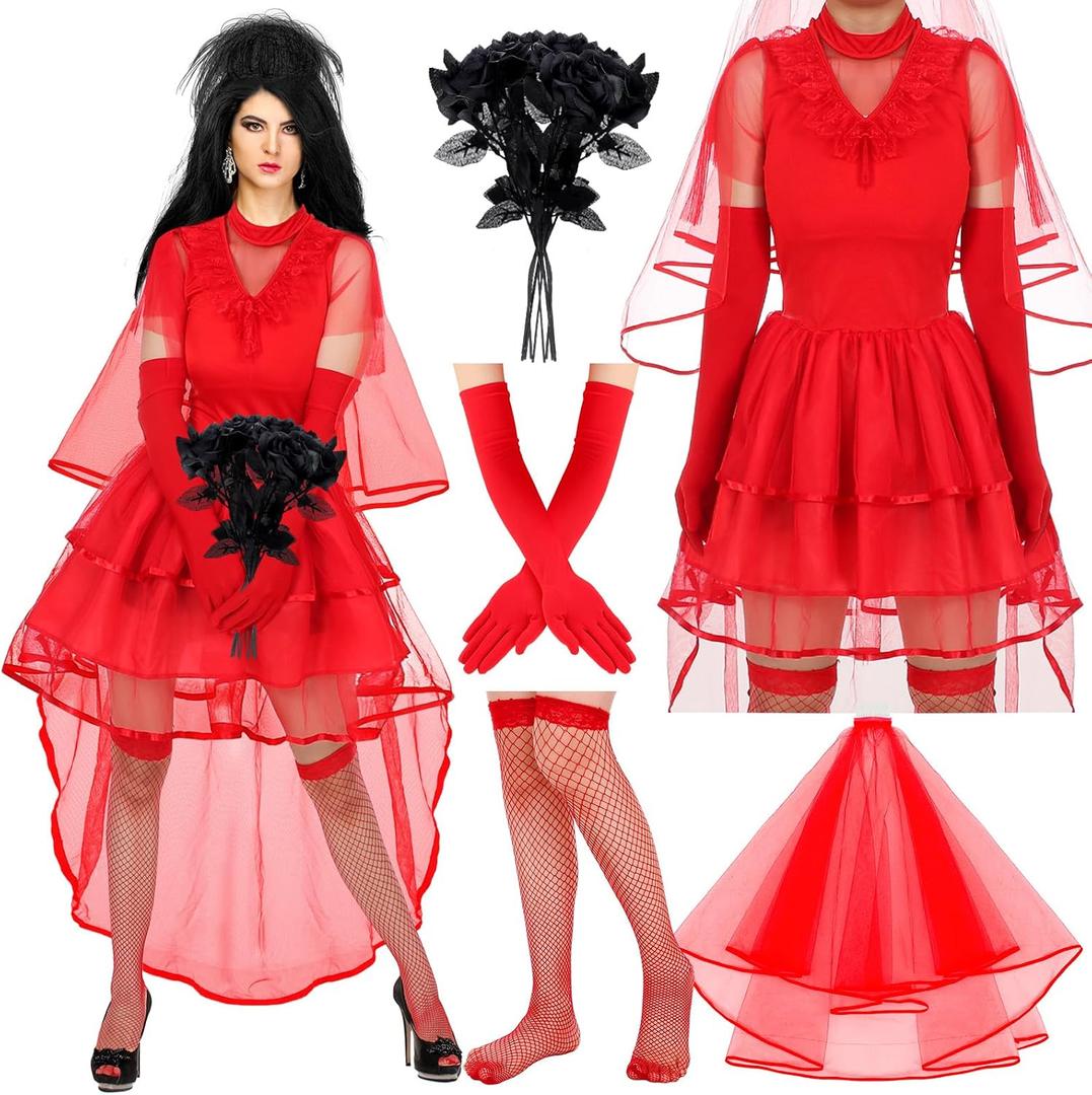 Shinymoon Gothic Halloween Costume Set 80s Gothic Women Red Wedding Bride Dress for Halloween Day of the Dead Cosplay Party (Red, L)
