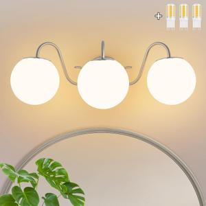 3 Lights Vintage Bathroom Vanity Light Fixtures Over Mirror, Brushed Nickel Vanity Lights For Bathroom With Milk White Glass Globe Shade, Wall Lights For Bedroom, Hallway, Dressing Table(G9 Incl.)