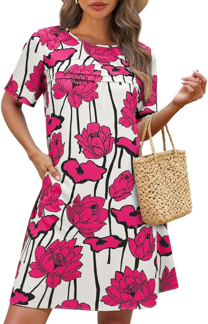 Wenrine Womens Summer Casual Floral Mini Dress Short Sleeve Pleated Front Loose Beach Tunic Dresses with Pockets (Medium, Rose Red)