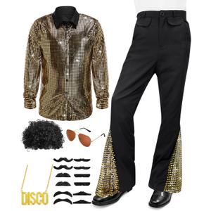 Mepase 70s Disco Outfit Costume Bell Bottom Pants Disco Shirts for Halloween Dress Up (L (Height53-64 In), Gold)