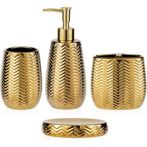 Bathroom Accessories Set 4 Pcs, Gold Ceramic Bathroom Accessories Complete with Soap Dispenser, Toothbrush Holder, Bathroom Tumbler, and Soap Dish - Modern Bathroom Decor