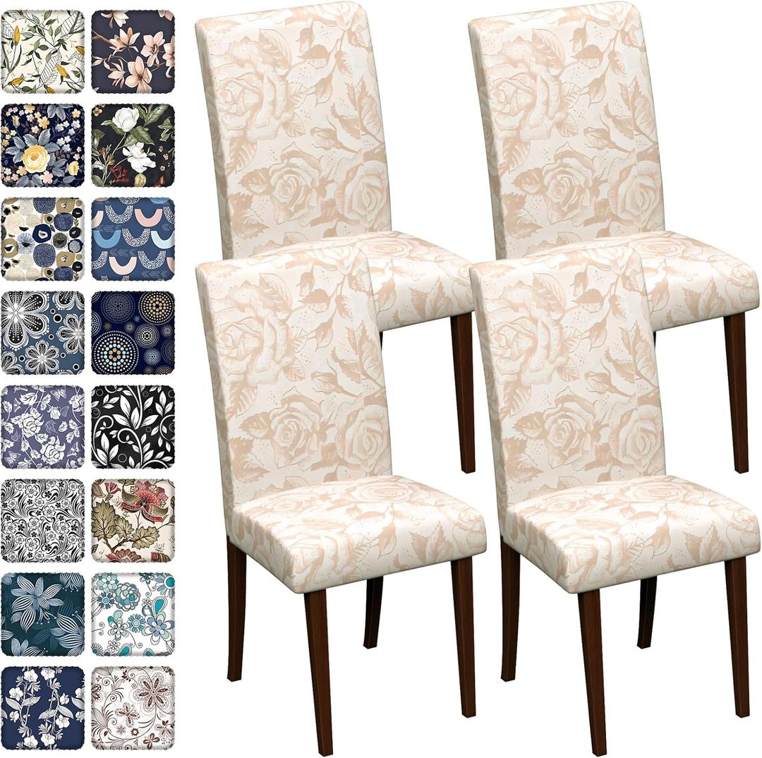 Chair Covers Dining Room Set of 4,Printed Patterned Stretch Non Slip Chair Slipcover Removable Washable Kitchen Chair Protector Cover for Home Hotel Banquet Wedding Party Office (Cream Champagne Rose)