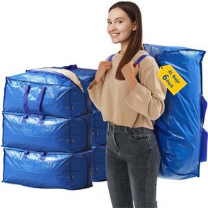 Extra Large Moving Bags - 6-Pack Heavy Duty Storage Duffel - Sturdy Backpack Straps Handles, Zippers - Reusable Moving Storage Bags for Clothes - Folding Collapsible Storage Tote Bag Set  Blue