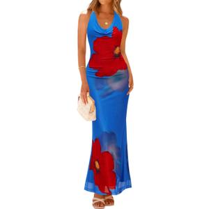 ZESICA Women's 2025 Summer Halter Neck Floral Print Maxi Dress Sleeveless Backless Wedding Guest Party Bodycon Long Dresses S