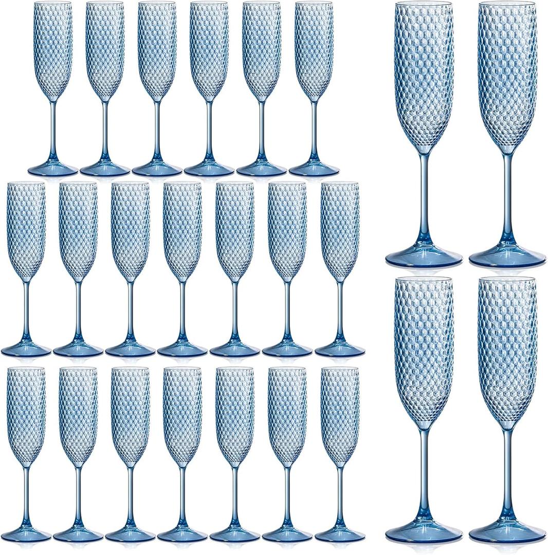 24 Pack Plastic Champagne Flutes Vintage Light Blue Goblet Champagne Glasses Unbreakable Wedding Toasting Glasses Diamond Wine Glasses Crystal Wine Cups Clear Drinking Glasses 5.5 OZ for Bridal Shower