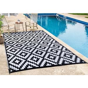 FH Home Outdoor Rug - Waterproof, Fade Resistant, Reversible - Premium Recycled Plastic - Geometric - Porch, Deck, Balcony, Mudroom, Laundry Room, Patio - Aztec - Black & White Crease Free - 3 x 5 ft