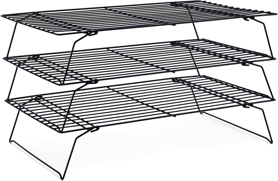 Cooling Rack for Baking 3 Tiers, 16" x 10" Cookie Cooling Wire Rack Stackable Collapsible Nonstick, Stainless Steel Baking Cooking Cooling Racks with Optimum Air Flow, Black