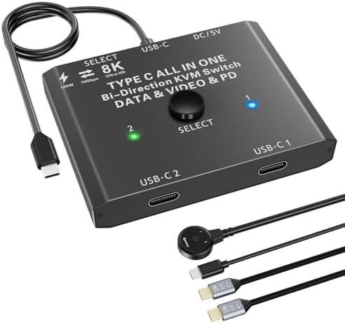ANGEET USB C Switch 2 Computers 1 Monitor, 8K@60Hz USB C Switch 2 in 1 Out for 2 Laptop, 10Gbps / USB 3.1 Gen 2 / 100W PD/Wired Remote + 2 USB-C Cable