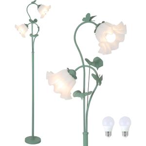 HMVPL Flower Floor Lamp for Living Room, Vintage Floor Lamp with 2 LED 5W Blubs, Foot Switch, Green Standing Lamp with Acrylic Shade, Unique Floral Tall Lamp for Living Room Bedroom Corner Office