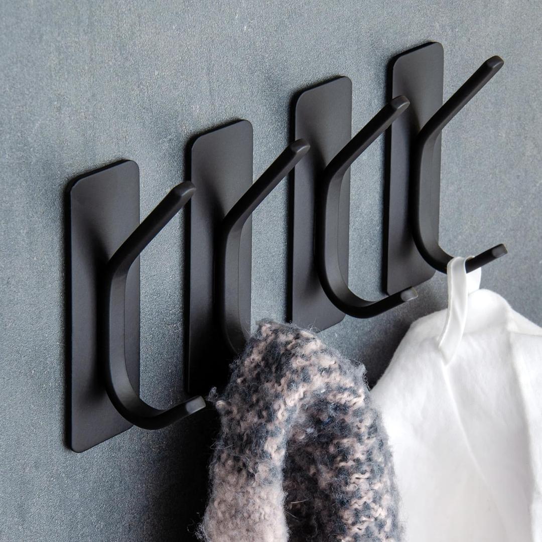 GLUIT Adhesive Towel Hooks for Bathroom Wall Hooks for Hanging Heavy Duty for Door Coat Rack Sticky Hanger Holder Durable Stainless Steel (Black, 4 Pack)