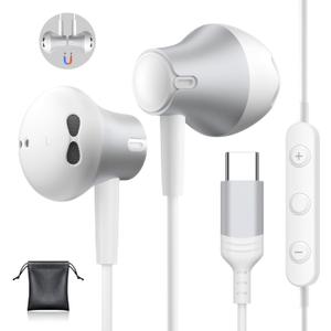USB C Headphones for iPhone 17/17 Air/ 16/15 Pro Max with Mic Wired Earphones for Samsung Galaxy S25 S24 Ultra/ S23, Volume Control Stereo Noise Cancelling Wired Earbuds for Google Pixel 9 Pro 8a (White)