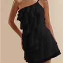 SOLY HUX Women's Mini Dress One Shoulder Ruffle Mesh Dresses Layered Backless Vacation Party Sundresses (Black, XXL)