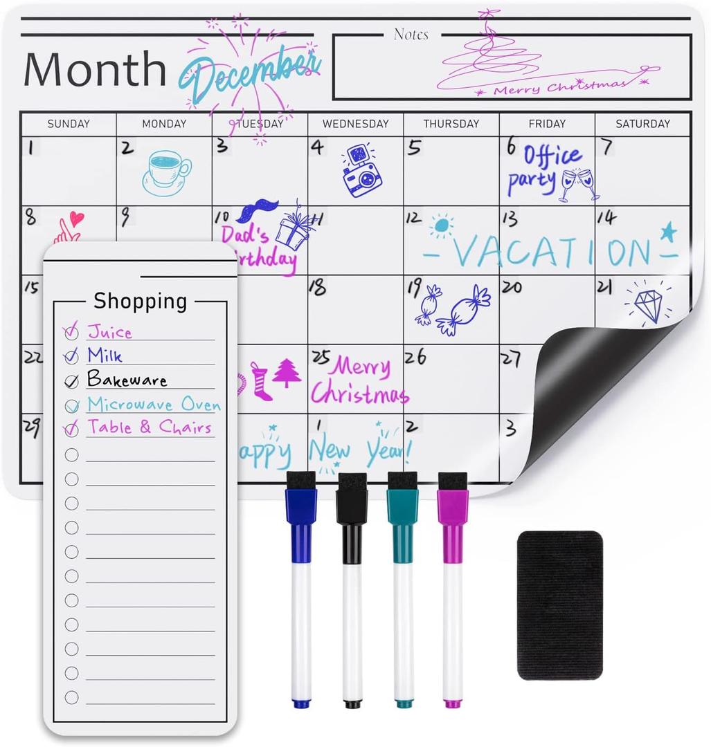 Amazon Basics Magnetic Dry Erase Whiteboard Calendar for Fridge, Easy to Clean, Schedule Organizer, 12" x 17", Includes 4 Markers and Eraser