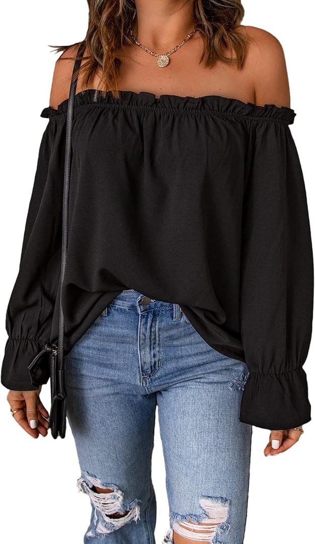 Women's Off Shoulder Top Ruffle Long Sleeve Chiffon Blouse Casual Loose Shirts (Large, 01 Black)
