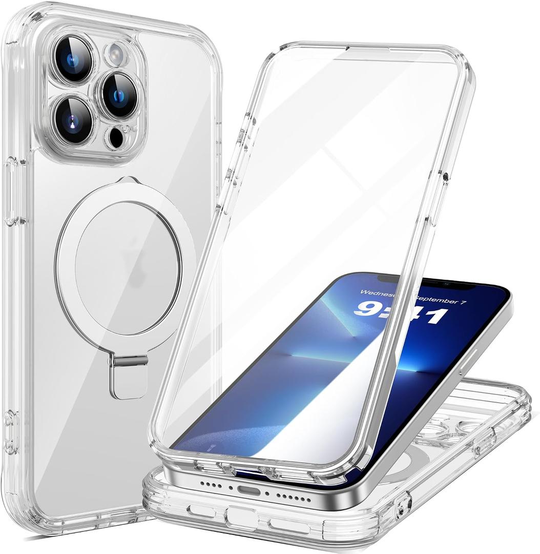 3 x for iPhone 13 Pro Max Case with Invisible Magnetic Stand, Compatible with Mag-Safe Military-Grade Protection with Built-in Screen Protector, Shockproof Phone Case for Women Men, Clear