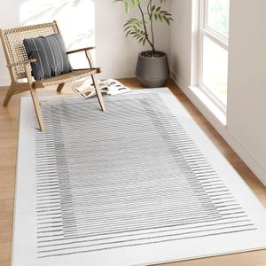 Wonnitar 5x7 Washable Striped Living Room Area Rug, Non-Slip Grey Boho Rugs for Bedroom, Low Pile Soft Minimalist Floor Carpets for Dining Room Home Office (Grey,5' x 7')