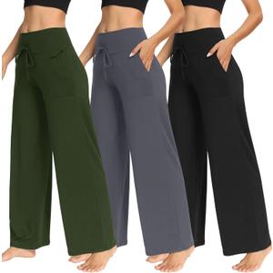 TNNZEET 3 Pack Women's Wide Leg Pants with Pockets - Casual Loose Yoga Trouser Pants Sweatpants Palazzo Lounge Pajama Pants (Green, M)