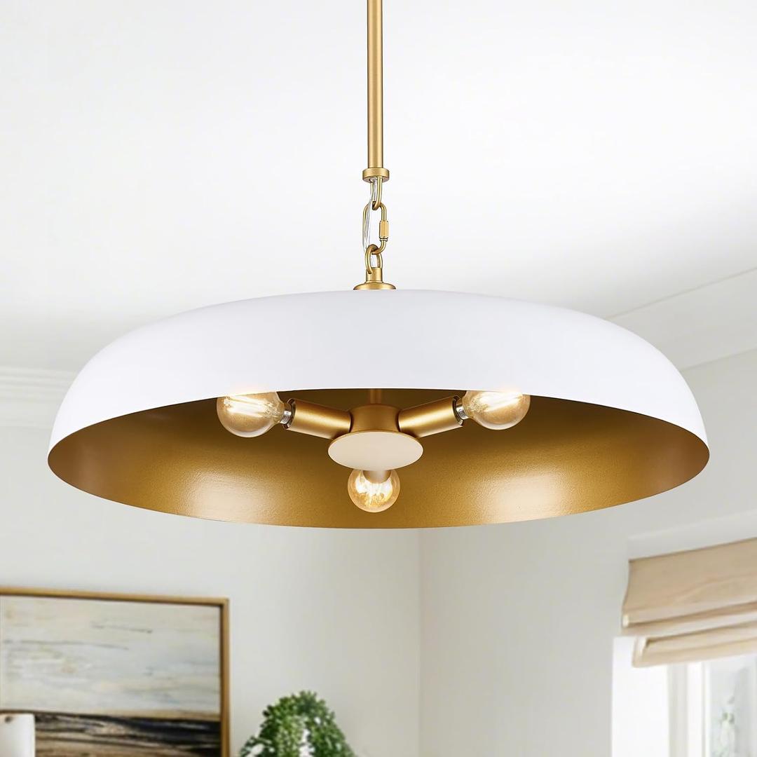 Large Pendant Light 20in White and Gold Dome Pendant Lights 3 Light Socket Pendant Light Fixture with Rod Pendant Lighting for Kitchen Island Dining Room Kitchen Sink, E12, 20.5inch