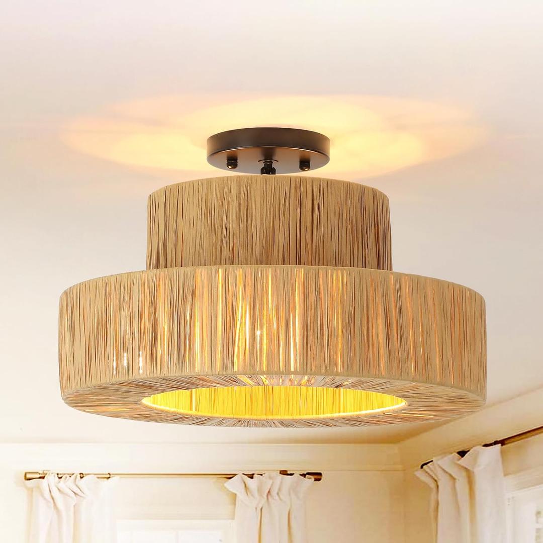 Boho Rattan Ceiling Light Fixtures, 15.7 Inch 3-Light Raffia Drum Semi Flush Mount Lights Hand Woven Coastal Ceiling Lighting for Bedroom Hallway Kitchen
