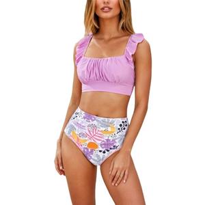 Sorrica Womens Ruffle High Waisted Bikini Sets Ruched Tummy Control Two Piece Swimsuits (Medium, Purple)