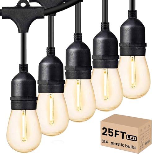 Svater Outdoor Led String Lights 25 FT, Patio Lights for Outside with 9pcs S14 Shatterproof Bulbs, 1 Watt E26 Dimmable, IP65 Waterproof, Commercial Grade Bistro Light 2700K Warm White