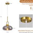 Light Smoke Gray Glass Pendant Light for Kitchen Island, Brass Gold Adjustable Height Hardwired E26 Hanging Fixture for Dining Room, Bedroom, Breakfast Nook, 1-Pack